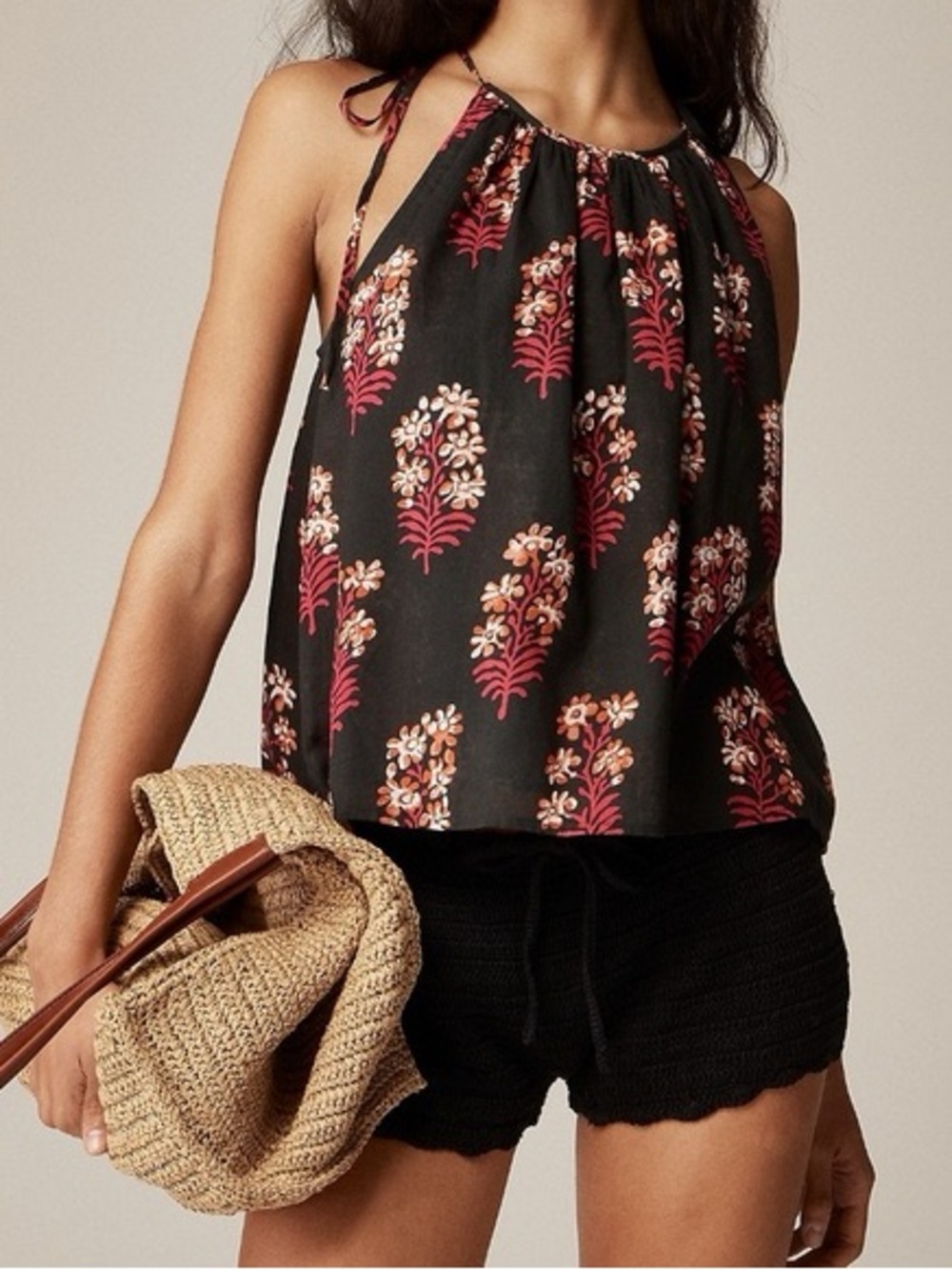 J. Crew Gray Floral Tie Shoulder Tank Top (Medium)